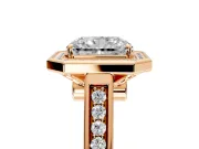 Halo Engagement Ring Setting for Radiant Cut Center with Outer Bezel Rim, Pave Band and Prong Head in Rose Gold