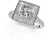 Milgrain Floral Halo Engagement Ring Setting for Princess Cut Center with Pave Band and Prong Head in White Gold