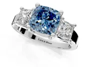 3 Stone Engagement Ring Setting for Fancy Blue Cushion Cut Center with Matching Side Accents and Prong Head in Sterling Silver