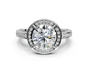 Halo Engagement Ring Setting for Round Cut Center with Framed Halo, Pave Band and Prong Head in Platinum