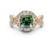 Halo Engagement Ring Setting for Fancy Green Cushion Cut Center with Pave Infinity Twist Band and Prong Head in Rose Gold