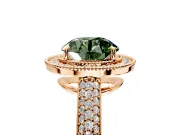 Milgrain Halo Engagement Ring Setting for Fancy Green Round Cut Center with Three-Sided Pave Band and Prong Head in Rose Gold
