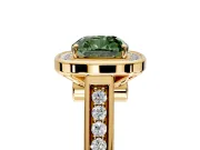 Halo Engagement Ring Setting for Fancy Green Cushion Cut Center with Outer Bezel Rim, Pave Band and Prong Head in Yellow Gold