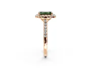 Halo Engagement Ring Setting for Fancy Green Emerald Cut Center with Raised Halo, Pave Band and Prong Head in Rose Gold