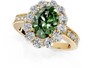 Halo Engagement Ring Setting for Fancy Green Oval Center with Milgrain Channel Band and Prong Head in Yellow Gold