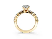 Shared-Prong Engagement Ring Setting for Round Cut Center with Graduated Accents and Prong Head in Yellow Gold