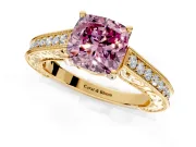 Solitaire Engagement Ring Setting for Fancy Pink Cushion Cut Center with Engraved Pave Band and Prong Head in Yellow Gold