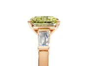 3 Stone Engagement Ring Setting for Fancy Yellow Radiant Cut Center with Channel Baguette Accents and Prong Head in Rose Gold