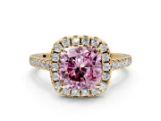 Halo Engagement Ring Setting for Fancy Pink Cushion Cut Center with Raised Halo, Pave Band and Prong Head in Yellow Gold