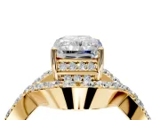 Halo Engagement Ring Setting for Radiant Cut Center with Pave Infinity Twist Band and Prong Head in Yellow Gold