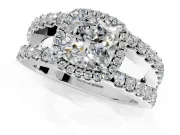 Halo Engagement Ring Setting for Cushion Cut Center with Wide-Open Pave Split Shank and Prong Head in Platinum