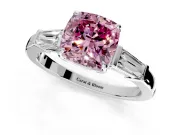 3 Stone Engagement Ring Setting for Fancy Pink Cushion Cut Center with Baguette Accents and Prong Head in White Gold