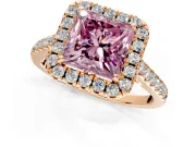 Halo Engagement Ring Setting for Fancy Pink Princess Cut Center with Raised Halo, Pave Band and Prong Head in Rose Gold
