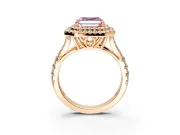 Double Halo Engagement Ring Setting for Fancy Pink Asscher Cut Center with Narrow Pave Split Shank and Prong Head in Rose Gold