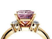 3 Stone Engagement Ring Setting for Fancy Pink Princess Cut Center with Wide Plain Band and Prong Head in Yellow Gold