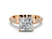 Solitaire Engagement Ring Setting for Princess Cut Center with Multi-Row Accents and Prong Head in Rose Gold