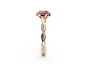 Halo Engagement Ring Setting for Fancy Pink Cushion Cut Center with Pave and Plain Twist Band and Prong Head in Rose Gold