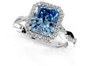 Halo Engagement Ring Setting for Fancy Blue Radiant Cut Center with Pave and Plain Twist Band and Prong Head in White Gold