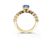 Shared-Prong Engagement Ring Setting for Fancy Blue Cushion Cut Center with Graduated Accents and Prong Head in Yellow Gold