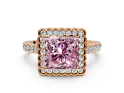 Milgrain Floral Halo Engagement Ring Setting for Fancy Pink Princess Cut Center with Pave Band and Prong Head in Rose Gold
