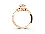Leaf Motif Engagement Ring Setting for Oval Center with Pave Band and Prong Head in Rose Gold
