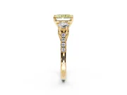3 Stone Engagement Ring Setting for Fancy Yellow Radiant Cut Center with Crossover Basket, Pave Band and Prong Head in Yellow Gold