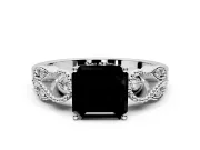 Leaf Engagement Ring Setting for Fancy Black Asscher Cut Center with Milgrain Accent Band and Prong Head in Platinum