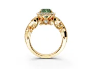 Milgrain Halo Engagement Ring Setting for Fancy Green Cushion Cut Center with Shoulder Bezels and Prong Head in Yellow Gold