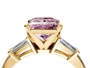 3 Stone Engagement Ring Setting for Fancy Pink Princess Cut Center with Channel Baguette Accents and Prong Head in Yellow Gold