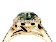 Halo Engagement Ring Setting for Fancy Green Round Cut Center with Narrow Pave Split Shank and Prong Head in Yellow Gold