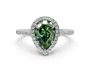 Halo Engagement Ring Setting for Fancy Green Pear-Shaped Center with Pave Accents, Heart Basket and Prong Head in Platinum