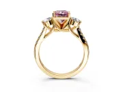 3 Stone Engagement Ring Setting for Fancy Pink Radiant Cut Center with Crossover Basket, Pave Band and Prong Head in Yellow Gold