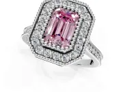 Halo Engagement Ring Setting for Fancy Pink Emerald Cut Center with Milgrain Frame, Pave Band and Prong Head in Platinum