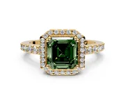 Halo Engagement Ring Setting for Fancy Green Asscher Cut Center with Inner Milgrain Border and Prong Head in Yellow Gold