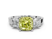 3 Stone Engagement Ring Setting for Fancy Yellow Cushion Cut Center with Matching Side Accents and Prong Head in Platinum