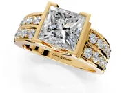 Bezel Engagement Ring Setting for Princess Cut Center with Wide Channel-Set Band and Bezel Head in Yellow Gold