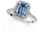 Halo Engagement Ring Setting for Fancy Blue Emerald Cut Center with Pave Accents, Heart Basket and Prong Head in Platinum
