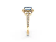 Bezel-Framed Halo Engagement Ring Setting for Fancy Blue Asscher Cut Center with Pave Band and Prong Head in Yellow Gold