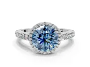 Halo Engagement Ring Setting for Fancy Blue Round Cut Center with Full Pave Band and Prong Head in White Gold