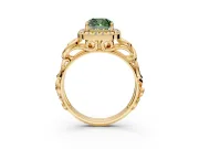 Halo Engagement Ring Setting for Fancy Green Cushion Cut Center with Open Scroll Shoulders and Prong Head in Yellow Gold