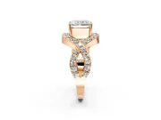 Halo Engagement Ring Setting for Radiant Cut Center with Pave Infinity Twist Band and Prong Head in Rose Gold