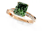 Side Accent Engagement Ring Setting for Fancy Green Radiant Cut Center with Accent Shoulders and Prong Head in Rose Gold