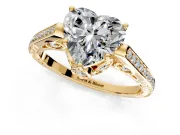 Cathedral Engagement Ring Setting for Heart-Shaped Center with Antique-Style Pave Band and Prong Head in Yellow Gold
