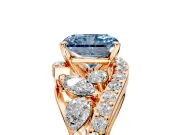 Halo Engagement Ring Setting for Fancy Blue Radiant Cut Center with Marquise and Pave Bypass Band and Prong Head in Rose Gold