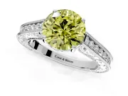 Solitaire Engagement Ring Setting for Fancy Yellow Round Cut Center with Engraved Pave Band and Prong Head in Platinum