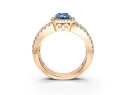 Halo Engagement Ring Setting for Fancy Blue Radiant Cut Center with Wide-Open Pave Split Shank and Prong Head in Rose Gold