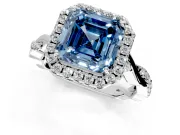 Halo Engagement Ring Setting for Fancy Blue Asscher Cut Center with Twist Band and Prong Head in White Gold