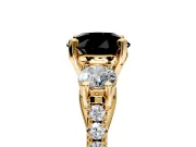 3 Stone Engagement Ring Setting for Fancy Black Round Cut Center with Crossover Basket, Pave Band and Prong Head in Yellow Gold