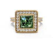 Halo Engagement Ring Setting for Fancy Green Princess Cut Center with Milgrain Frame, Pave Band and Prong Head in Yellow Gold