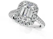 Halo Engagement Ring Setting for Emerald Cut Center with Narrowing Pave Band and Prong Head in Sterling Silver